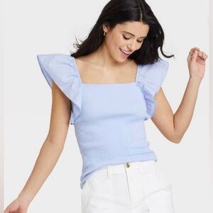 NWOT Light Blue Ruffled Sleeve Square Neck Tank Top